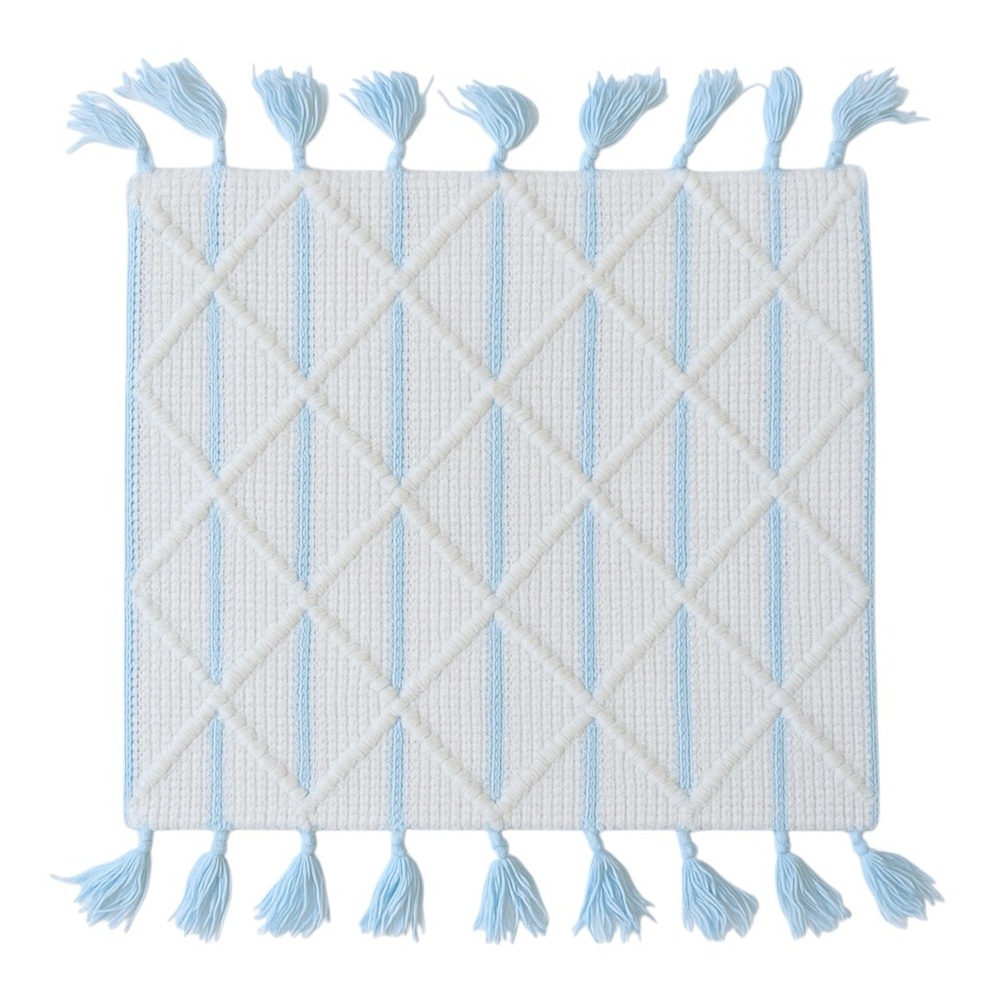 Handmade Cream Blue Knit Baby Blanket Tassel Edge Diamond Stitch Throw baby gift